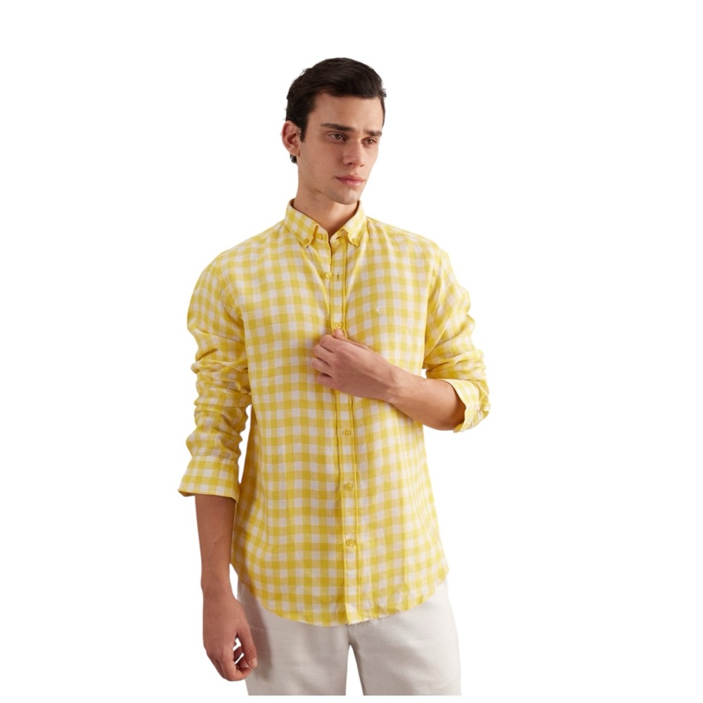 Boden Mens Yellow Picnic Checkered 100% Cotton Button Down Shirt Size Large